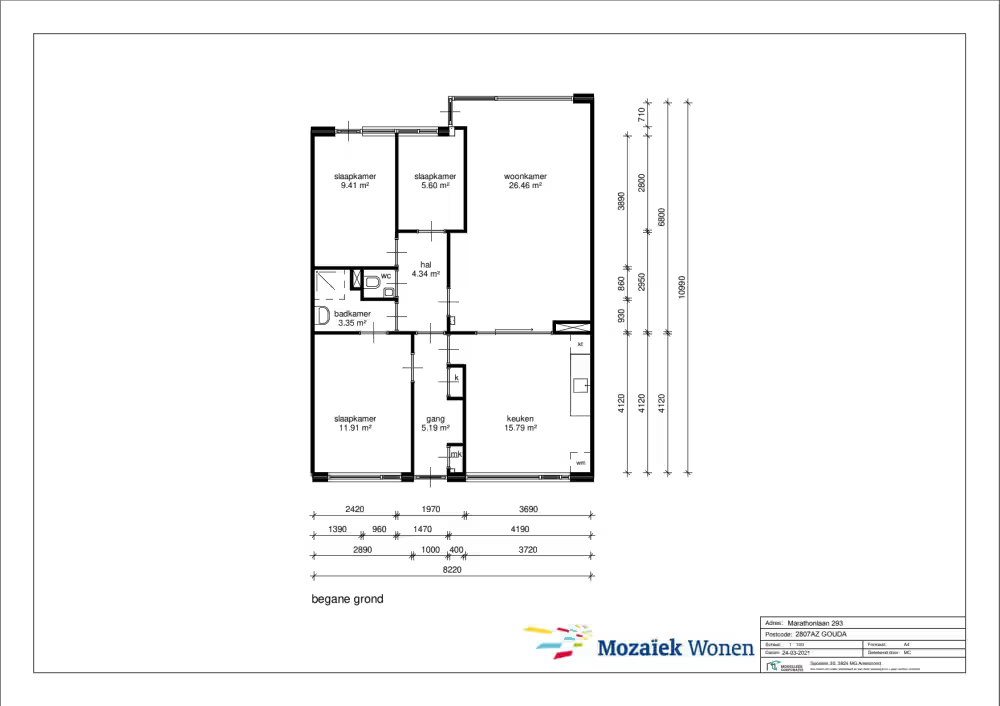 Supplied ground floor drawing, with three bedrooms, living room, kitchen, bathroom, WC and hallways